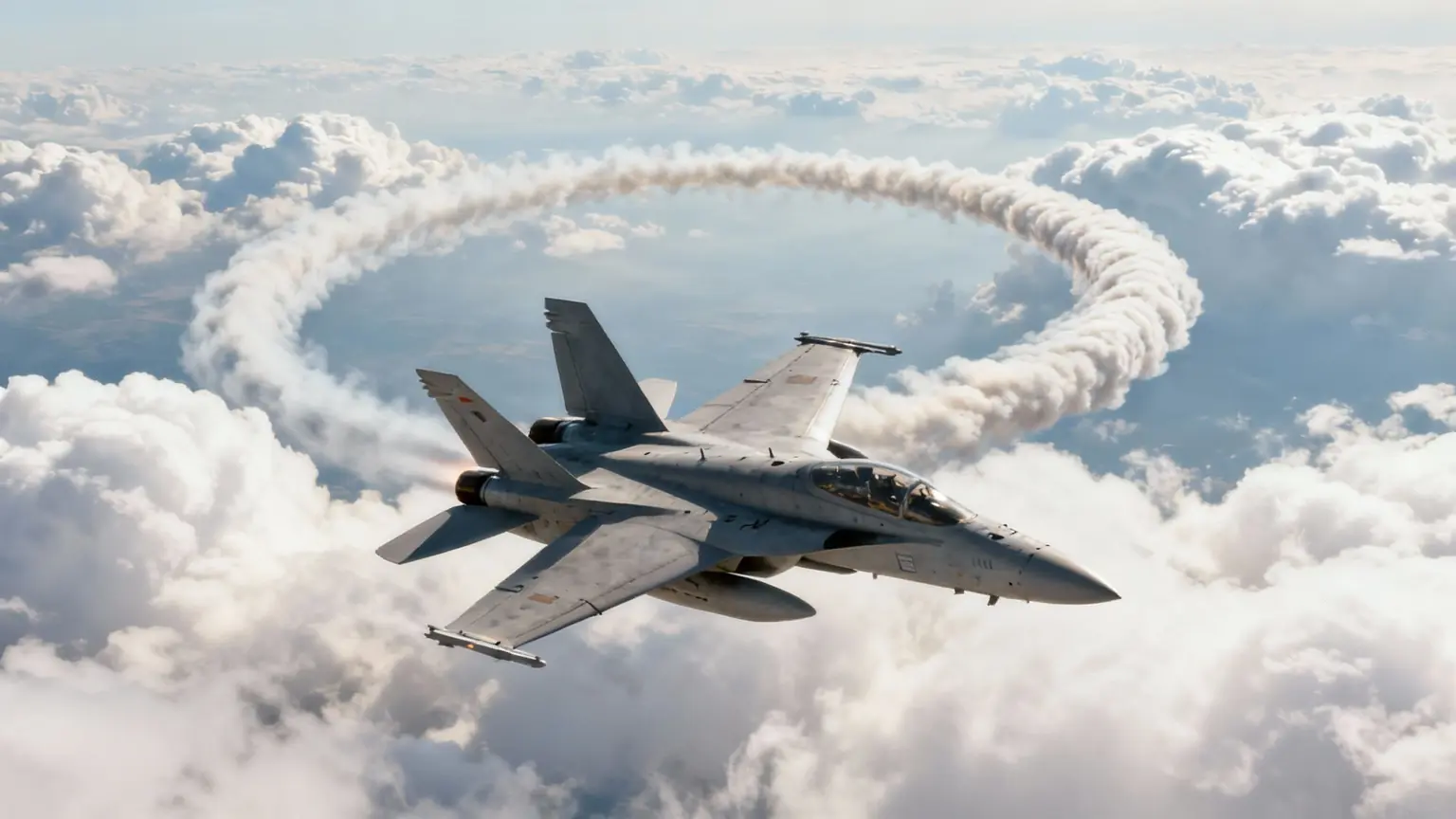 | A fighter jet performing an aerial maneuver against a blue sky