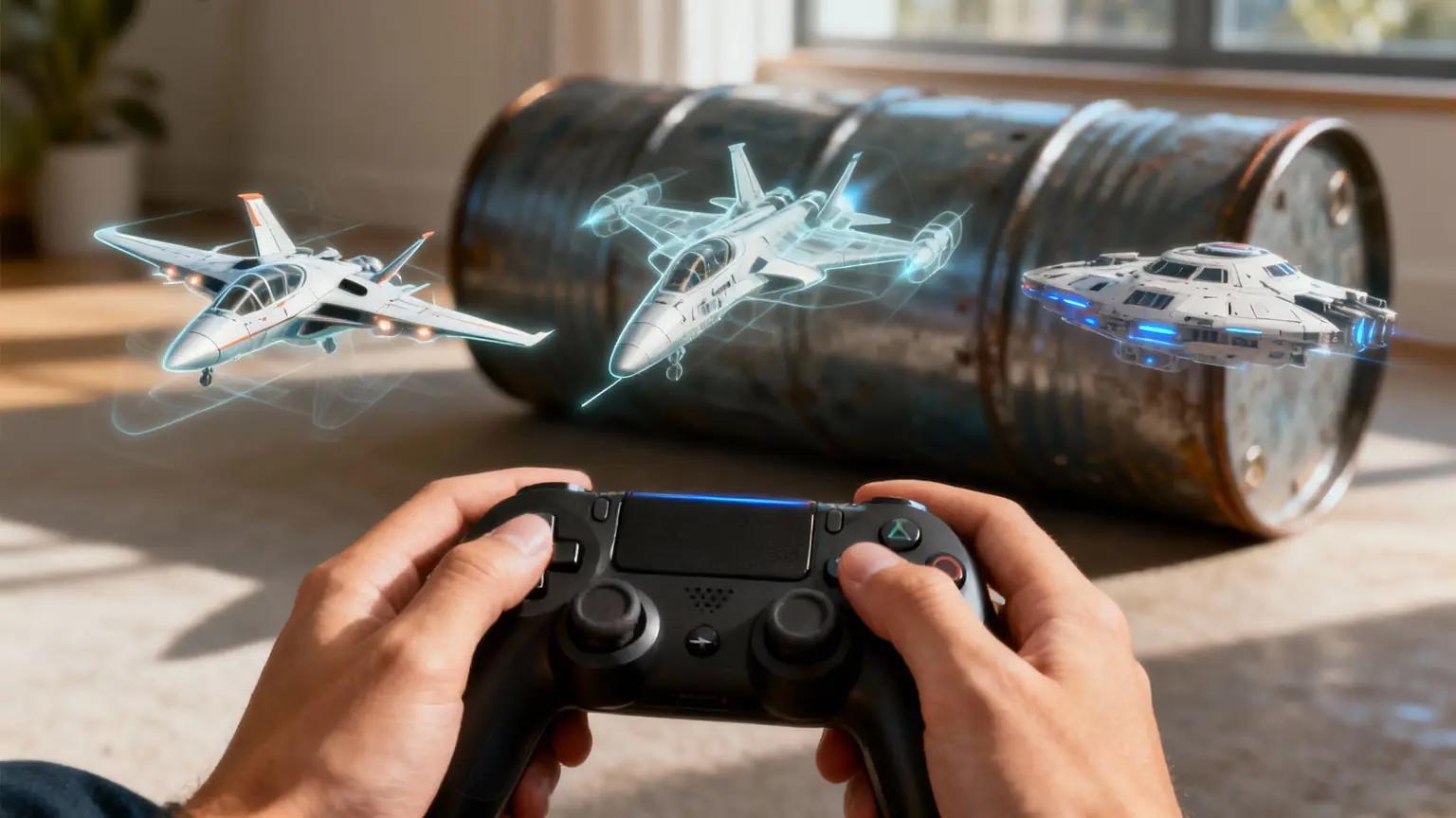| A futuristic spaceship flying through a canyon in a video game