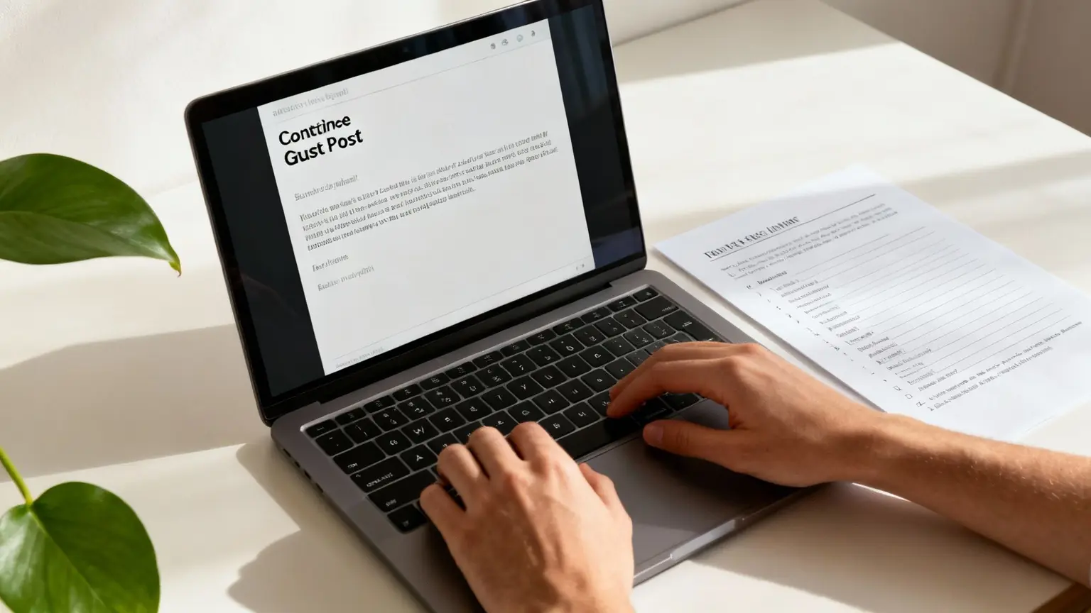A person's hands typing on a laptop, with a cup of coffee and a notebook nearby.