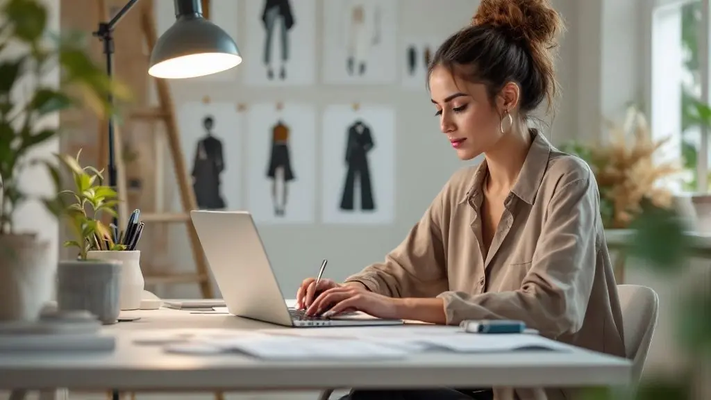 A fashion designer sketching new clothing designs at a well-lit desk.
